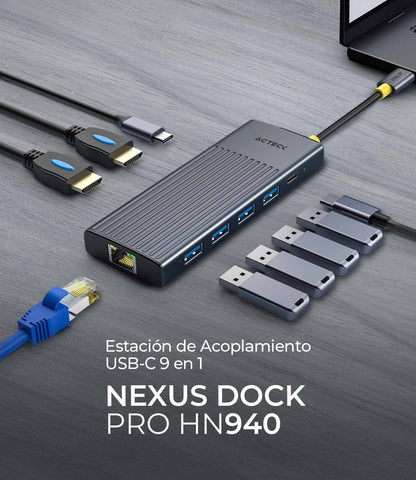Hub USB 9 en 1 Acteck Nexus Dock Pro HN940 - Conectividad Múltiple Avanzada - Optimiza tu Espacio de Trabajo