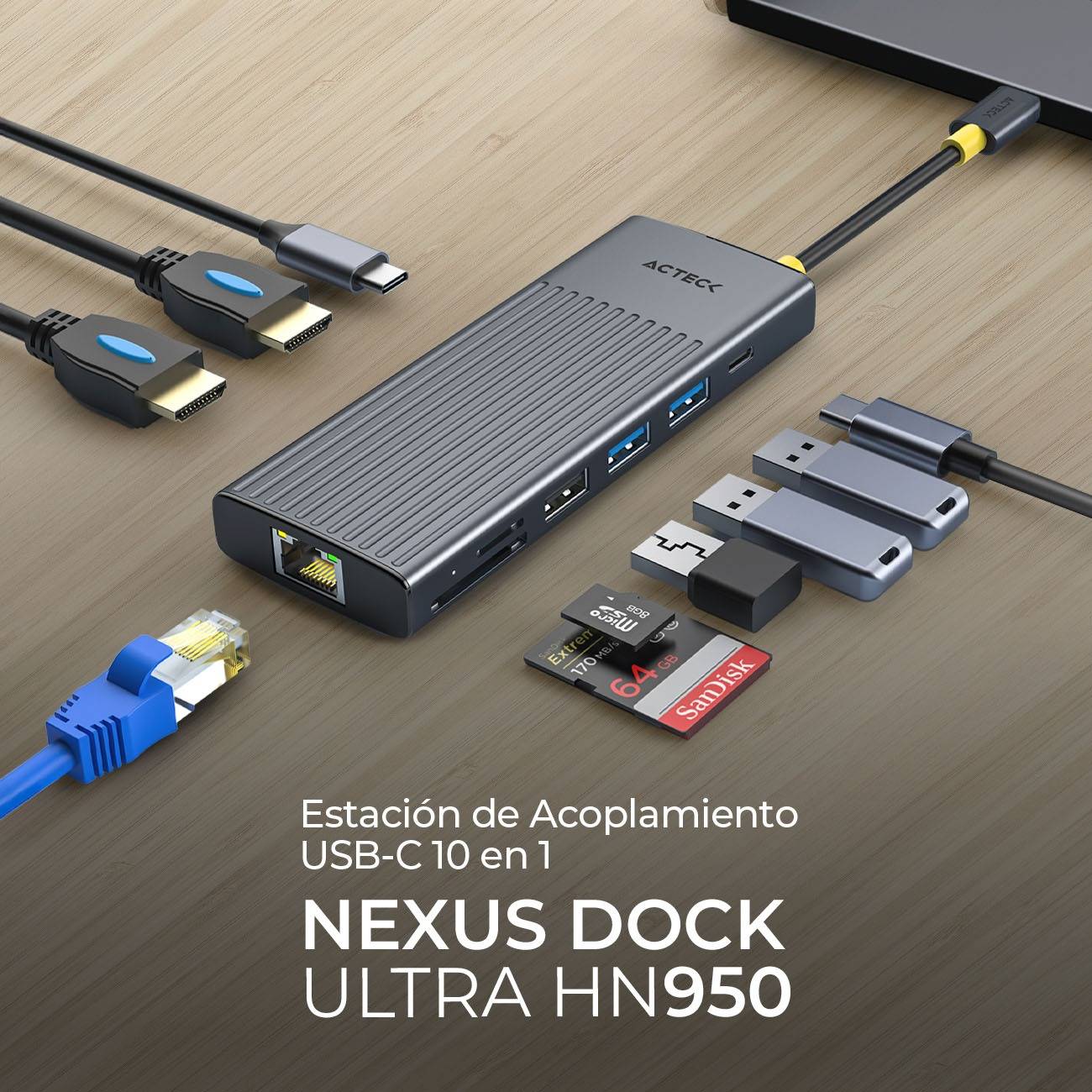 Hub USB 10 en 1 Acteck Nexus Dock Ultra HN950 - Estación de Carga y Datos Completa - Máxima Eficiencia para Multitarea