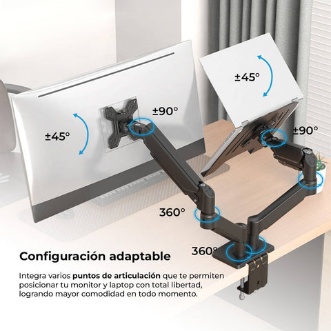 Soporte 2 en 1 para Monitor y Laptop Acteck Enforce Motion SM729 - Montaje de Escritorio con C-Clamp - Doble Productividad Eficiente - Nuevo