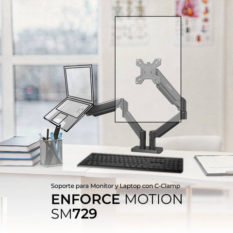 Soporte 2 en 1 para Monitor y Laptop Acteck Enforce Motion SM729 - Montaje de Escritorio con C-Clamp - Doble Productividad Eficiente - Nuevo