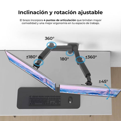 Soporte de Pared Articulado para Doble Monitor Acteck Enforce Motion SM727 - Ajuste Independiente de Pantallas - Organización Visual Máxima - Nuevo