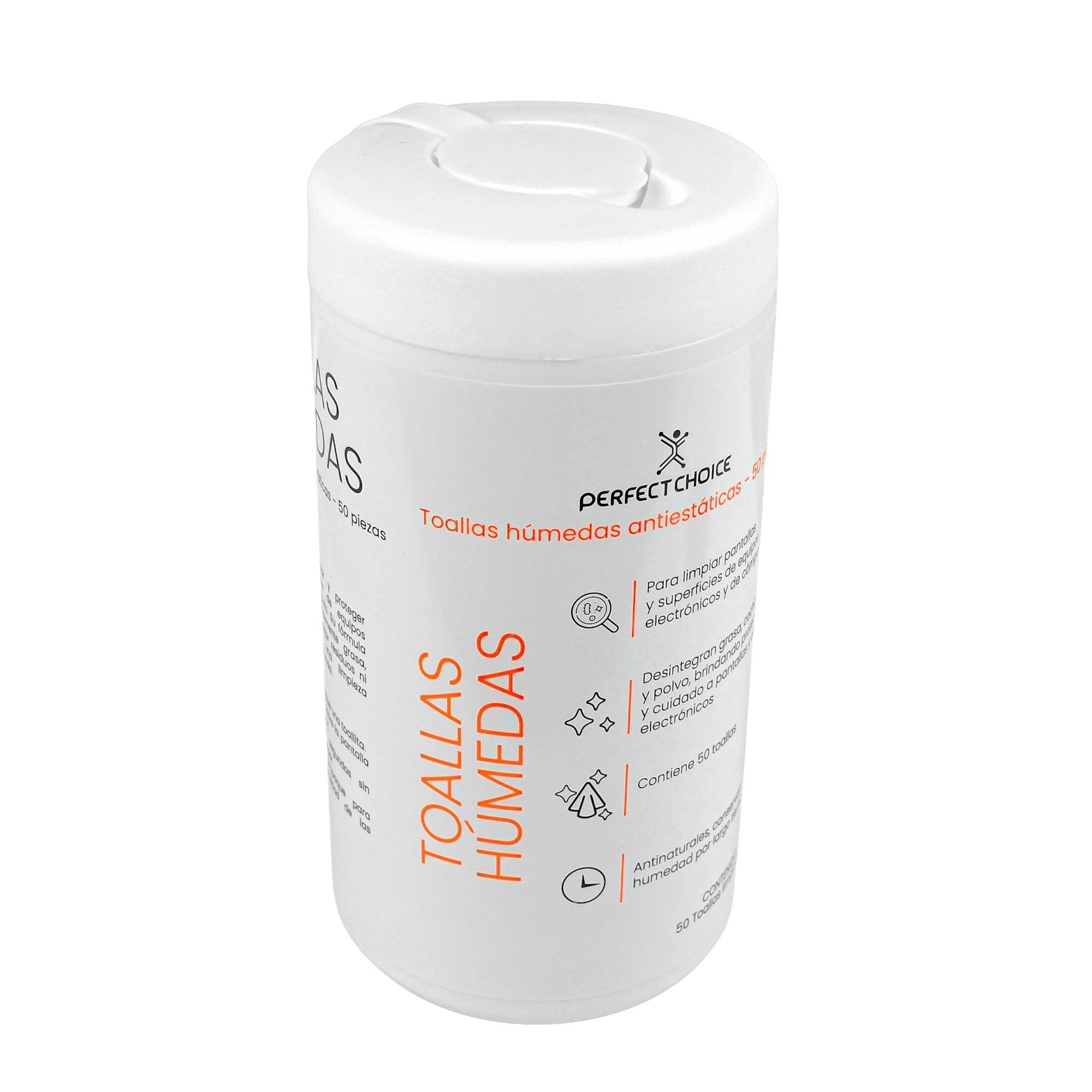 Toallas Limpiadoras para Equipos Eléctricos Perfect Choice Bote 50 pzas - Remueve Grasa y Polvo - Limpieza Eficiente