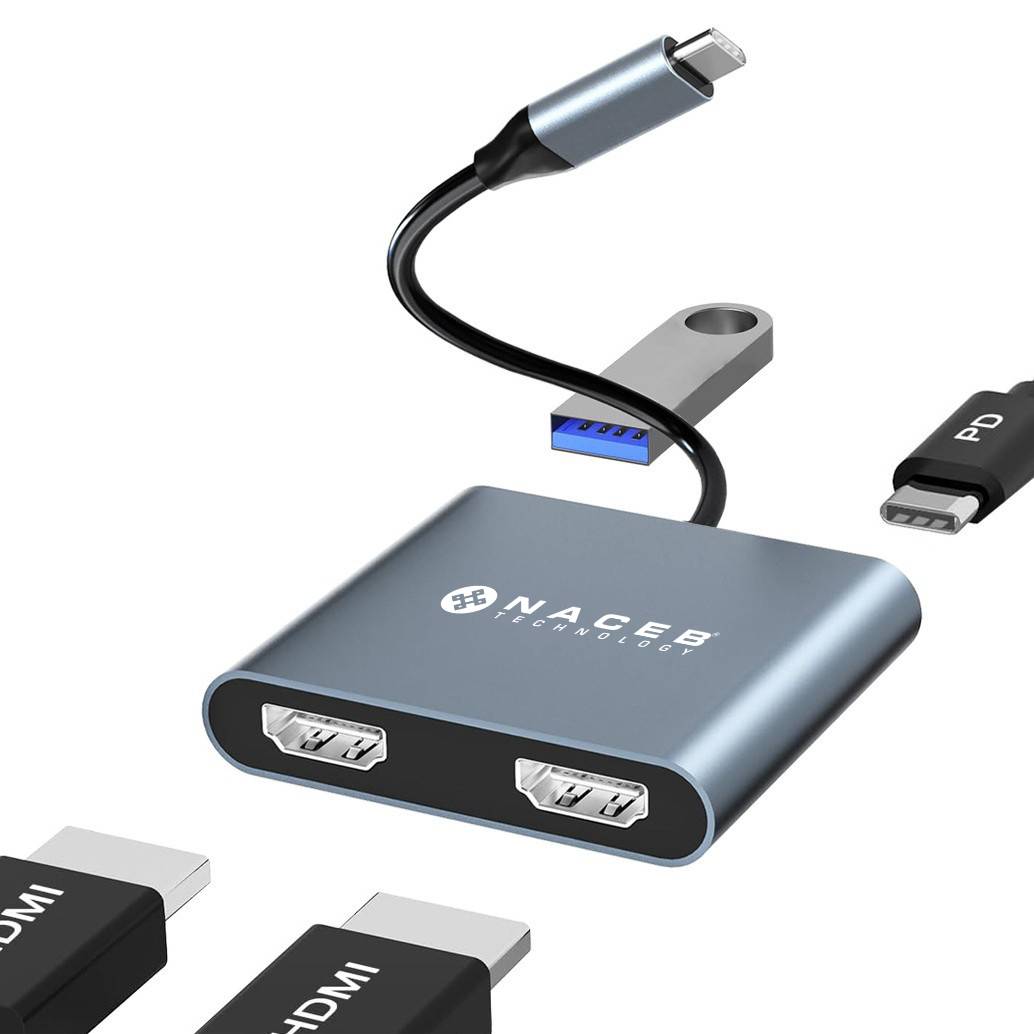 Adaptador Hub USB-C Naceb Dual HDMI 4K, USB 3.0 y Puerto de Carga PD 100W