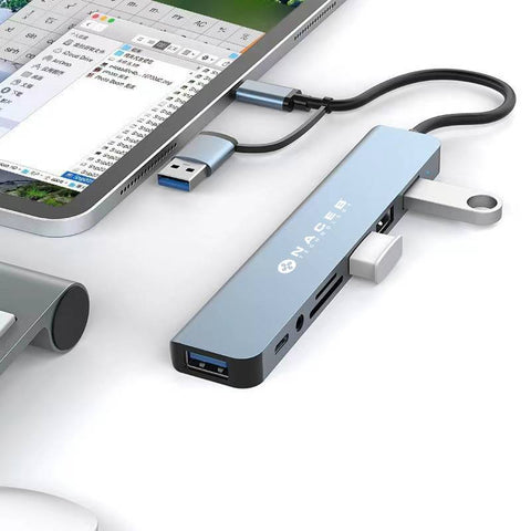 Adaptador Hub USB-C/A Naceb 8 en 1 USB 3.0, 3x USB 2.0, Lector SD/TF y AUX 3.5mm