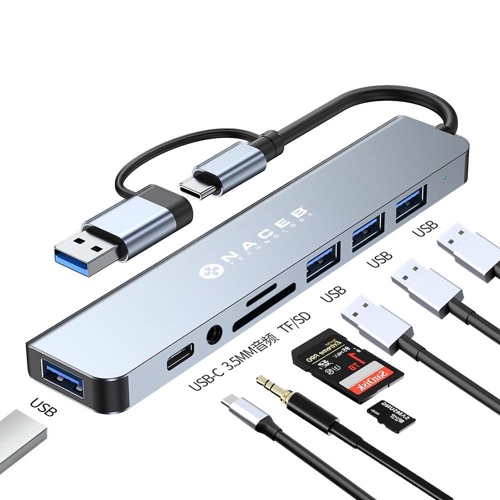 Adaptador Hub USB-C/A Naceb 8 en 1 USB 3.0, 3x USB 2.0, Lector SD/TF y AUX 3.5mm