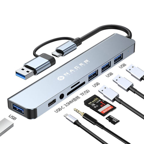 Adaptador Hub USB-C/A Naceb 8 en 1 USB 3.0, 3x USB 2.0, Lector SD/TF y AUX 3.5mm