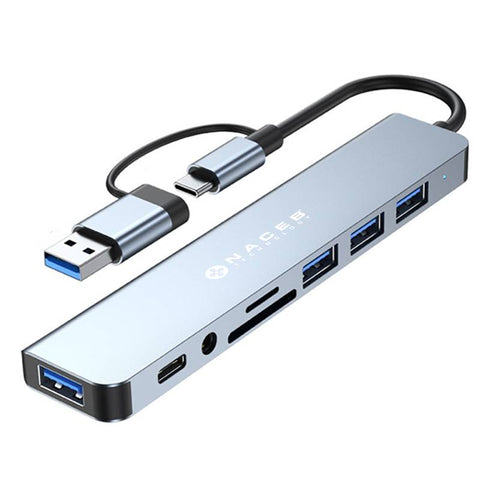 Adaptador Hub USB-C/A Naceb 8 en 1 USB 3.0, 3x USB 2.0, Lector SD/TF y AUX 3.5mm