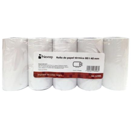 Rollo De Papel Nextep Térmico Ne-529M 80X40 Mm C/5 Piezas Gramage 55 Y Largo 14M + 5% Impresión Color Negro