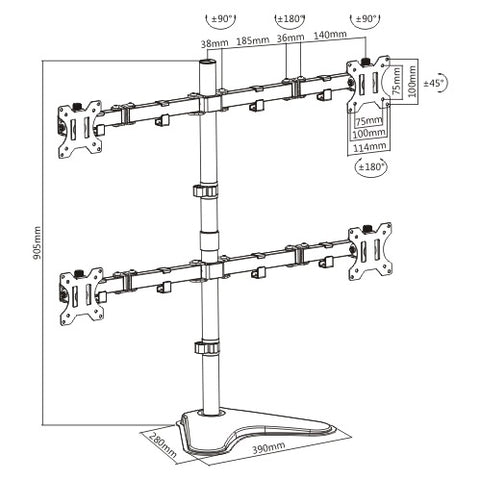 Soporte de Escritorio Ovaltech OVME-Q1332 para 4 Monitores de 13 a 32 Pulgadas Base Cuádruple Ergonómica Máxima Productividad