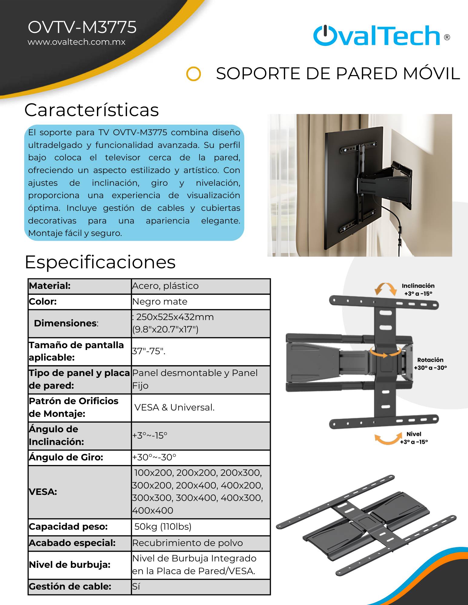 Soporte Móvil Ovaltech OVTV-M3775 para TV de 37 a 75 Pulgadas Soporta 50kg con Inclinación Ajustable Gran Resistencia