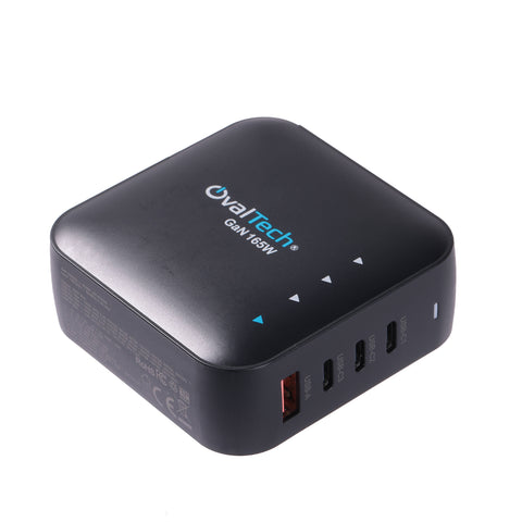 Adaptador de Corriente GaN Ovaltech OV-G165W de 165W con 3x USB-C y 1x USB-A Carga Ultra Rápida Multidispositivo Potencia Avanzada