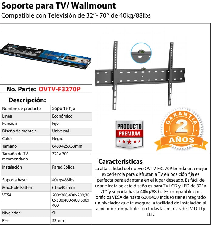 Soporte de Pared Fijo OVALTECH OVTV-F3270P para TV de 32 pulgadas a 70 pulgadas (Resistencia 40kgs)