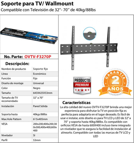 Soporte de Pared Fijo OVALTECH OVTV-F3270P para TV de 32 pulgadas a 70 pulgadas (Resistencia 40kgs)