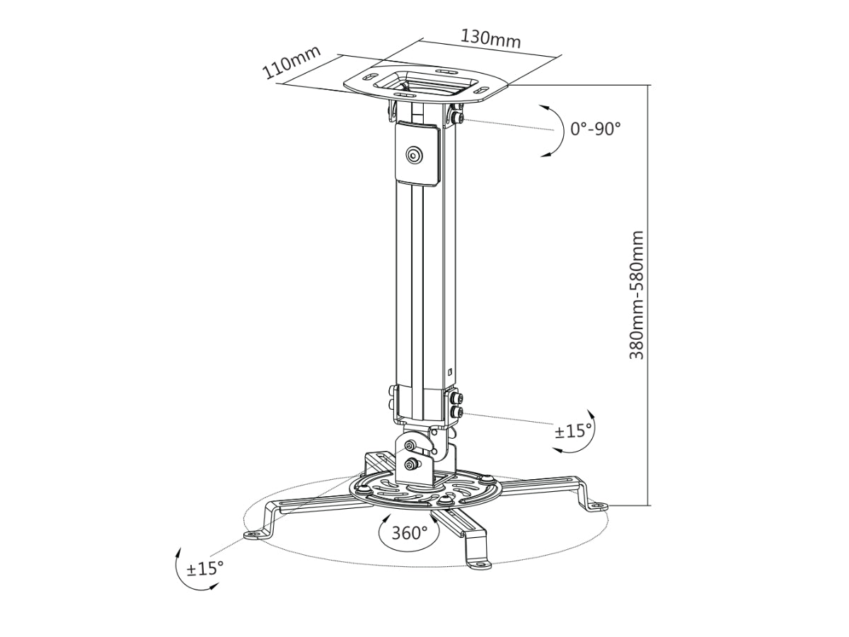 Soporte de Proyector Ovaltech OVPR-580MM Extensible 380-580mm con Giro 360 Grados y Carga 13.5kg Ajuste Perfecto Ultra Resistente