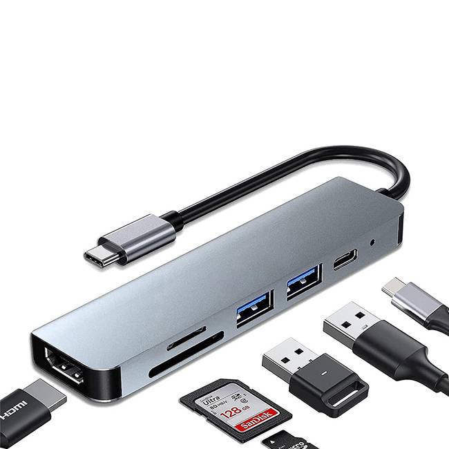 DockStation  HUB DBUGG  6 EN 1 UB GR UB61 Hub 6 en 1 UB61 Urban Balance - Con cables USB 3.0 o 2.0, HDMI y USB Tipo C. Apertura para tarjeta SD