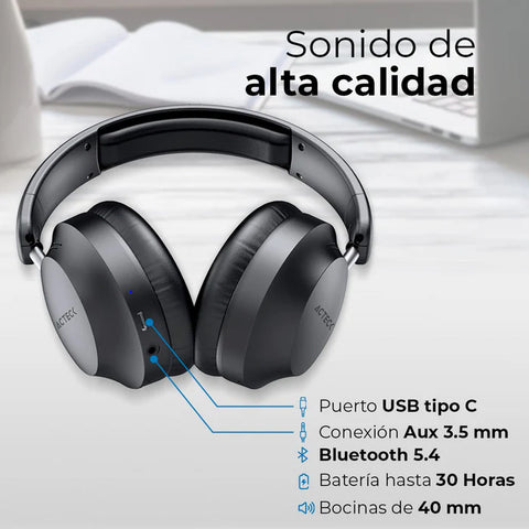 Audifonos Acteck Triton Pro Hp636  Diadema, Inalámbricos, Bt 5.4 - Aux 3.5 MM, Micrófono Omnidireccional, Batería 30 Hrs, Cancelación De Ruido,  Ultraligeros