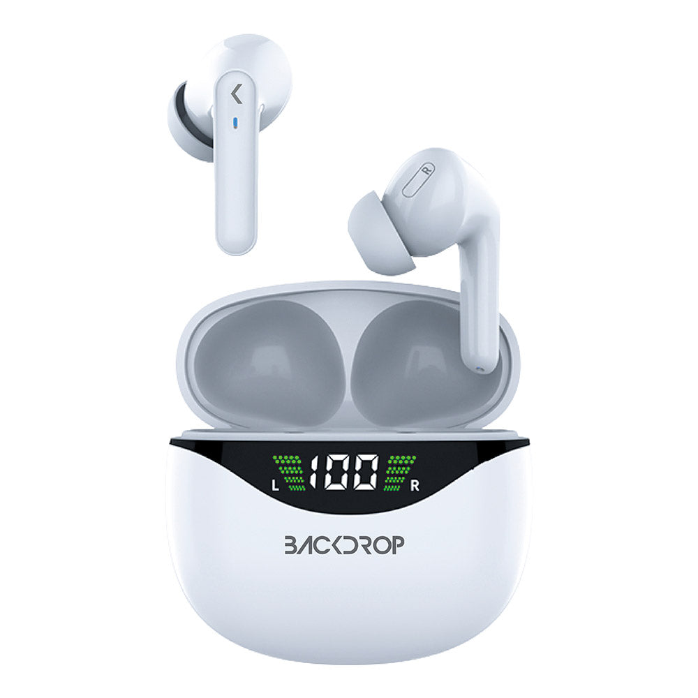 Audífonos Inalámbricos Backdrop. Bluetooth 5.0, Micrófono, Touch, Caja de carga con pantalla. Modelo TWS-3B. Color blanco
