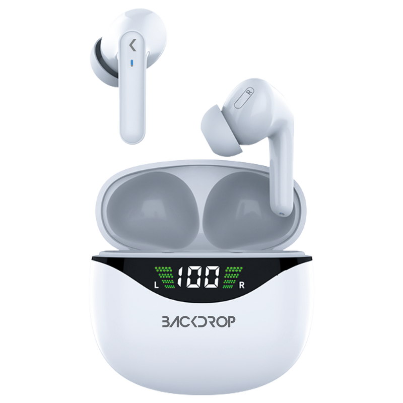 Audífonos Inalámbricos Backdrop. Bluetooth 5.0, Micrófono, Touch, Caja de carga con pantalla. Modelo TWS-3B. Color blanco