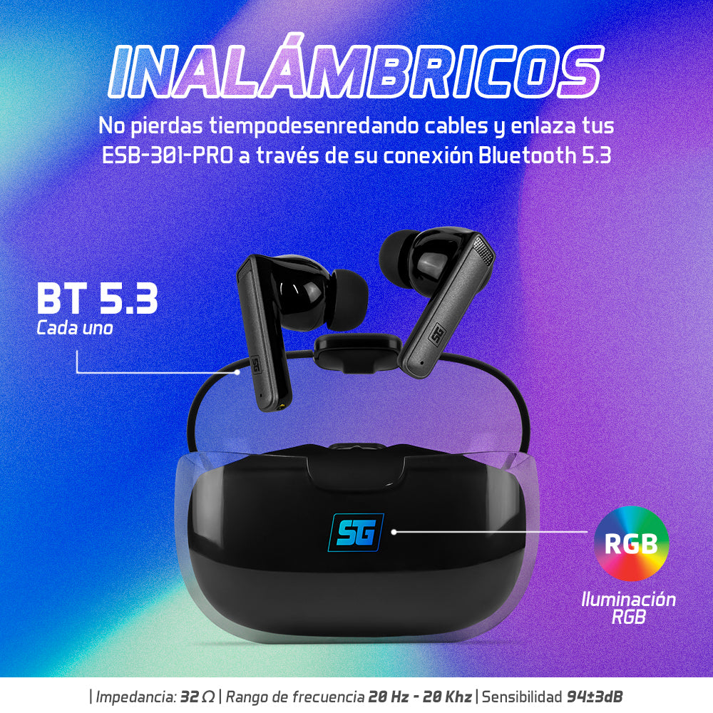 Audífonos Start The Game Tws Ipx6 Led Bt 5.3 Hasta 10 Mts ESB-301-PRO