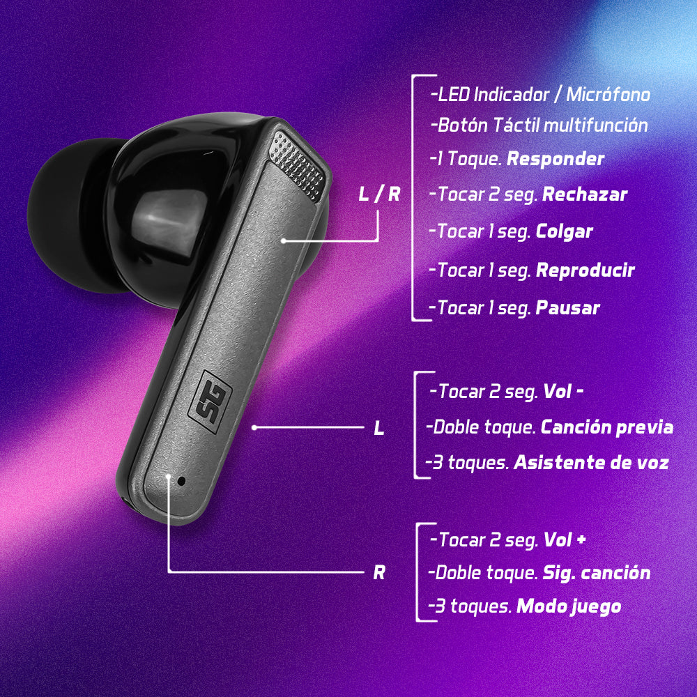 Audífonos Start The Game Tws Ipx6 Led Bt 5.3 Hasta 10 Mts ESB-301-PRO