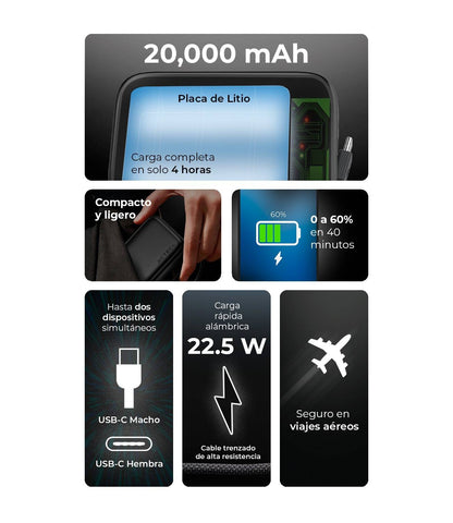 Cargador Powerbank Acteck Energon Go Plug Max PG80 - Capacidad 20,000mAh - Carga Rápida para Múltiples Viajes
