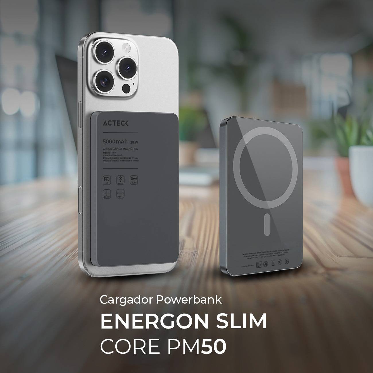 Cargador Powerbank Acteck Energon Go Slim Pro PM50 - Capacidad 5,000mAh - Diseño Ultrafino para Llevar en el Bolsillo