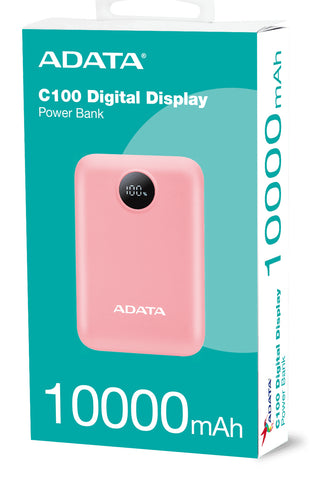 PowerBank ADATA C100 10,000 mAh Rosa - Carga Simultánea de 2 Dispositivos e Indicador LED - Estilo Moderno y Práctico - Nuevo