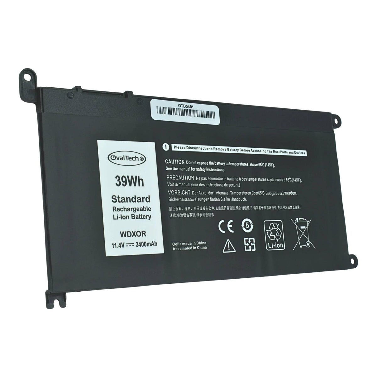 Batería Ovaltech OTD5481 WDX0R 3400mAh 11.4V para Dell Inspiron 13 5378 y 5368 Celdas de Polímero Premium Larga Vida Útil