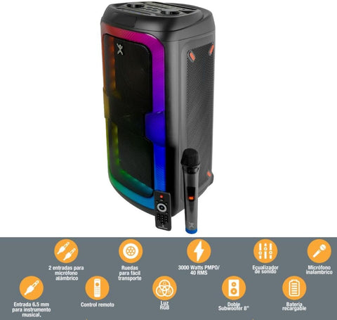 BOCINA INALAMBRICA BLUETOOTH PORTATIL RICROFOECARGABLE LUZ RGB CON MNO / CONTROL REMOTO FUNCION TWS DUAL 8 PULGADAS PERFECT CHOICE JOY - NEGRO