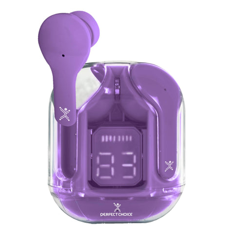Audífonos Inalámbricos Bluetooth Perfect Choice ClearBeat Morado - Diseño Transparente Moderno - Audio Cristalino