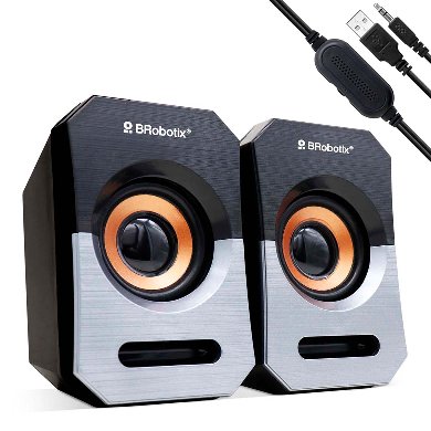 BOCINA ALAMBRICA - STEREO, USB +  3.5 MM, C/CONTROL DE VOLUMEN, ANTIDESLIZANTE, DE ESCRITORIO, P/PC/LAPTOP, NEGRO/PLATA, BROBOTIX 963913