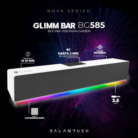 Barra de sonido Gamer Glimm Bar BG585 Balam Rush Conexión Bluetooth/Auxiliar, Radio FM/TF, Batería Recargable 1200 mah, iluminación LED 3 modos, 10w RMS. Sonido estéreo, Color Blanco