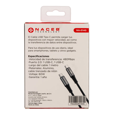Cable Tipo-C Naceb AC 60W 1M Carga Rápida y Transmisión de Datos