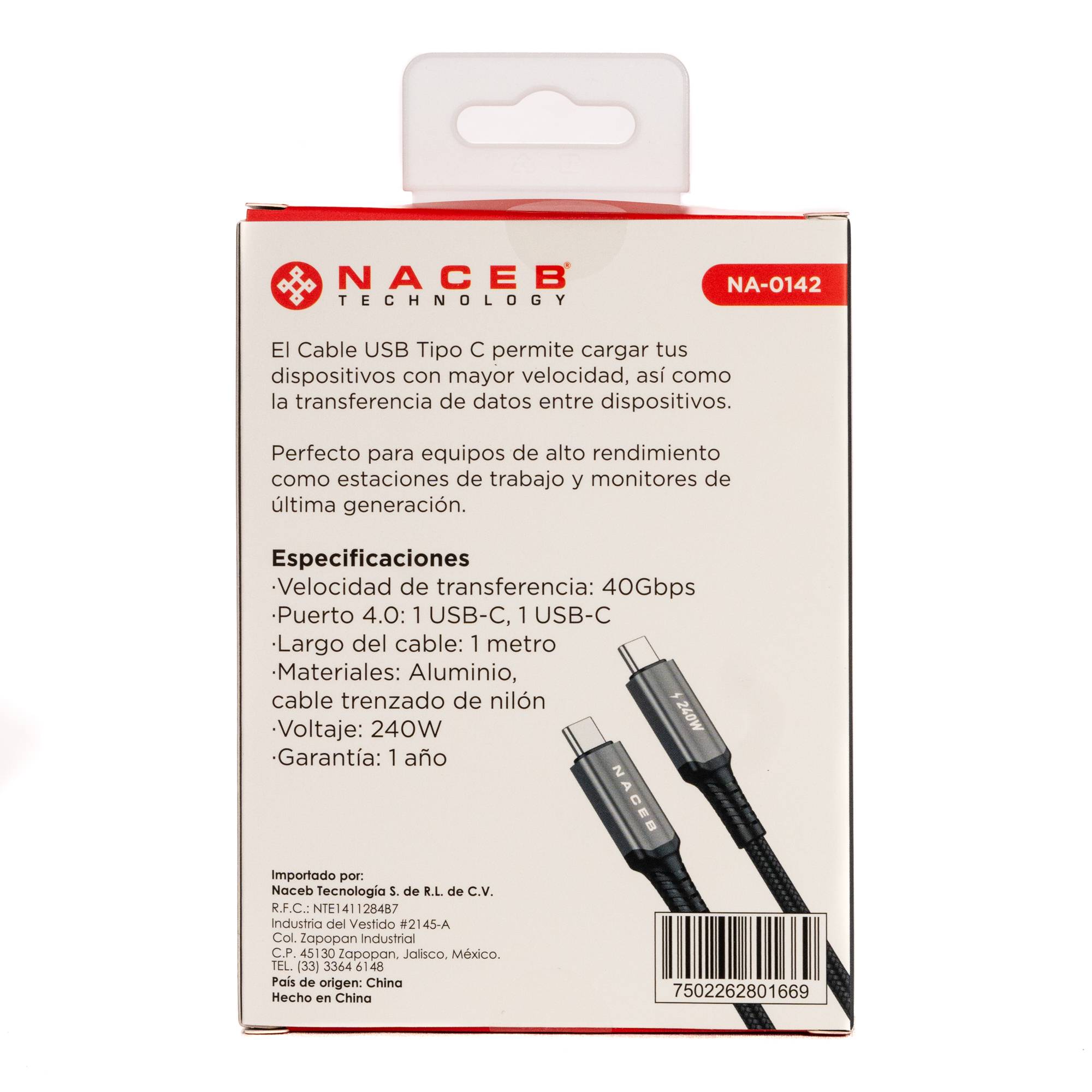 Cable Tipo-C a Tipo-C Naceb NA-0142 1m | Potencia Extrema de 240W | Máxima Velocidad de Carga y Transferencia