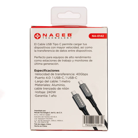 Cable Tipo-C a Tipo-C Naceb NA-0142 1m | Potencia Extrema de 240W | Máxima Velocidad de Carga y Transferencia