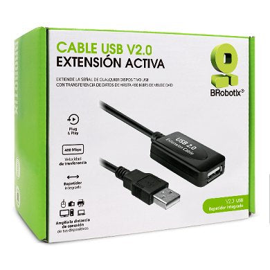 Cable USB V2.0 Extensión Activa BROBOTIX 372782 - USB Tipo A macho, USB Tipo A hembra, Macho/hembra, 15 m, Negro