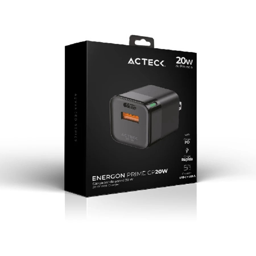 Cargador De Pared Acteck Energon Prime CP20W,  20W,  1X Usb-C - 1X Usb A,  Negro,  Ac-935555
