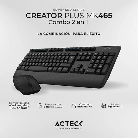 Combo 2-1 Acteck Creator Mk465 Inalambrico 2.4 Ghz, Usb, Negro (Ac-936354)