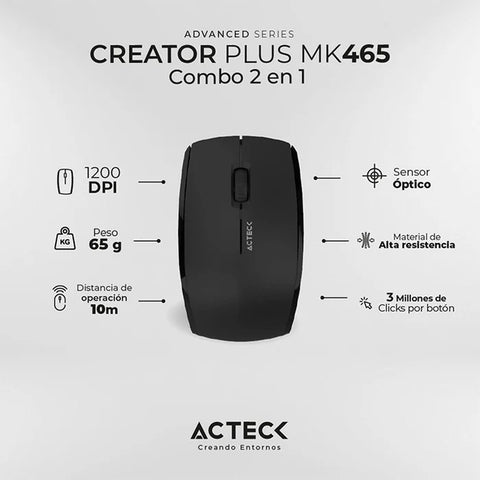 Combo 2-1 Acteck Creator Mk465 Inalambrico 2.4 Ghz, Usb, Negro (Ac-936354)