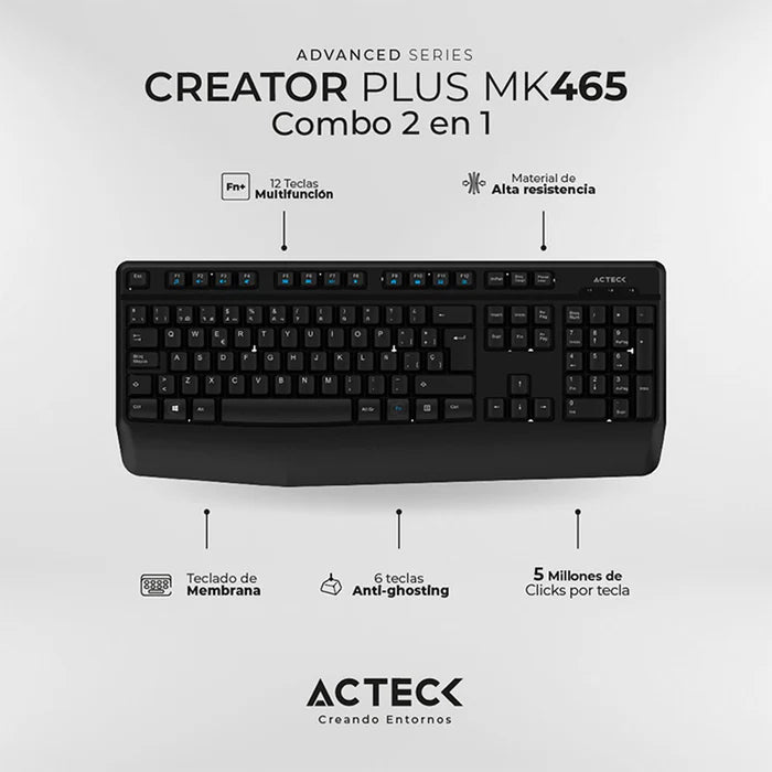 Combo 2-1 Acteck Creator Mk465 Inalambrico 2.4 Ghz, Usb, Negro (Ac-936354)