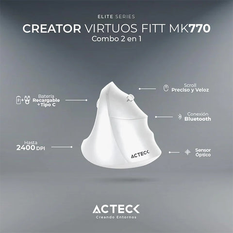 Combo Dos en 1, Teclado y Mouse Acteck Fitt Mk770 Ergonómico, Inalámbrico, Usb, Blanco (AC-936255)