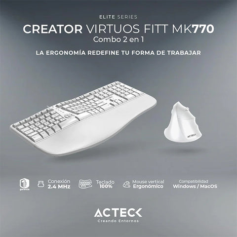 Combo Dos en 1, Teclado y Mouse Acteck Fitt Mk770 Ergonómico, Inalámbrico, Usb, Blanco (AC-936255)