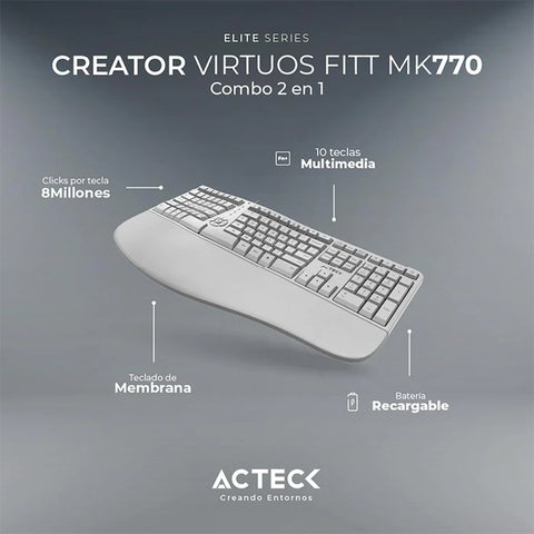 Combo Dos en 1, Teclado y Mouse Acteck Fitt Mk770 Ergonómico, Inalámbrico, Usb, Blanco (AC-936255)