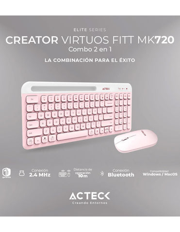 Combo Acteck Silk Mk720 2-1 Ergonomico, Inalambrico Usb, Rosa (AC-936279)