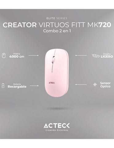 Combo Acteck Silk Mk720 2-1 Ergonomico, Inalambrico Usb, Rosa (AC-936279)