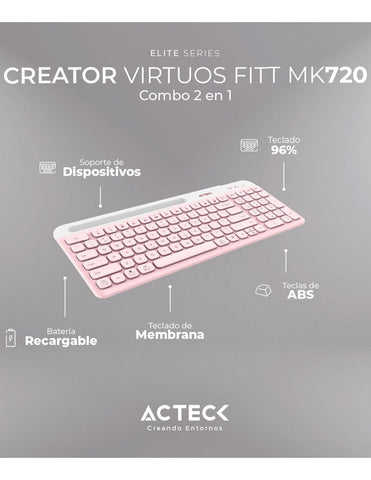 Combo Acteck Silk Mk720 2-1 Ergonomico, Inalambrico Usb, Rosa (AC-936279)