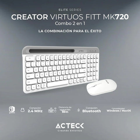 Combo Acteck Silk Mk720 2-1 Ergonomico, Inalambrico, Usb, Blanco (AC-936262)