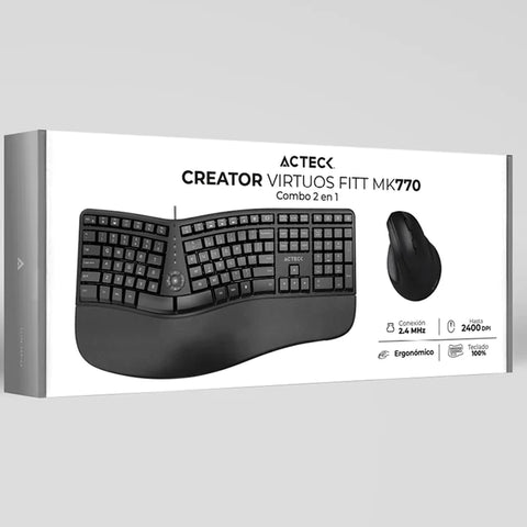 Combo Teclado y Mouse Acteck Virtuos Fitt Mk770, Inalámbrico, Ergonómico, Usb C,  Negro (AC-936248)