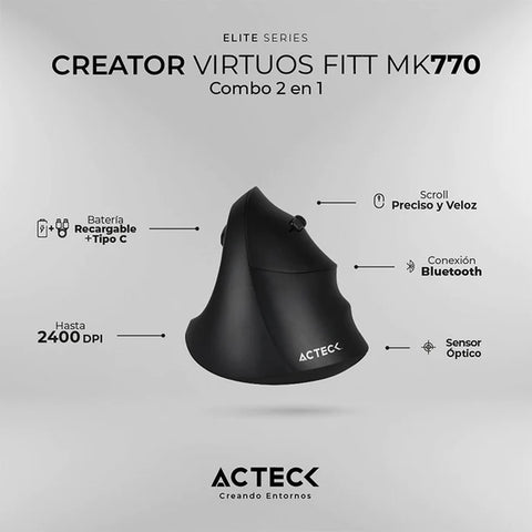 Combo Teclado y Mouse Acteck Virtuos Fitt Mk770, Inalámbrico, Ergonómico, Usb C,  Negro (AC-936248)