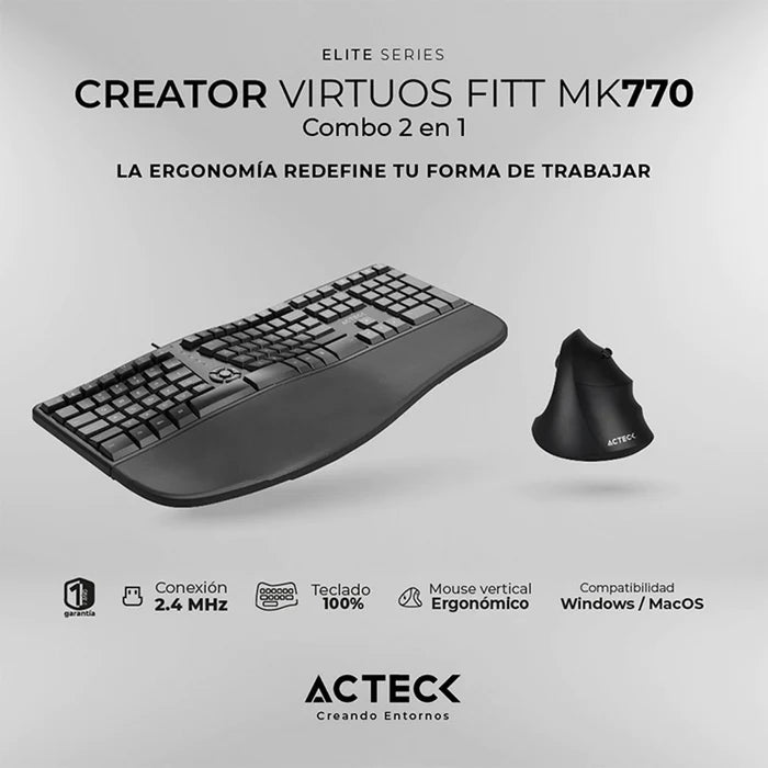 Combo Teclado y Mouse Acteck Virtuos Fitt Mk770, Inalámbrico, Ergonómico, Usb C,  Negro (AC-936248)
